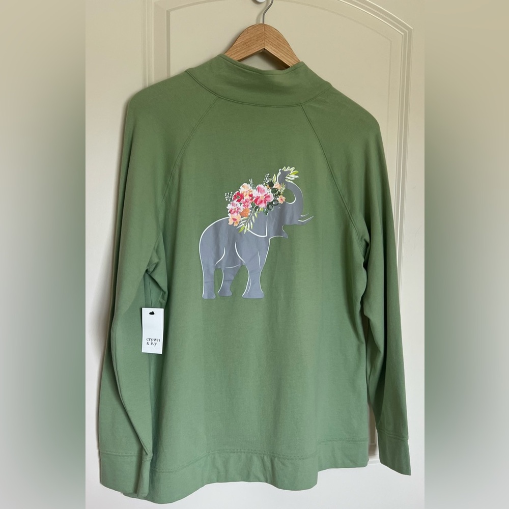 Crown & Ivy Womens 1/4 Zip Pullover Size 0X Green with Elephant Graphic